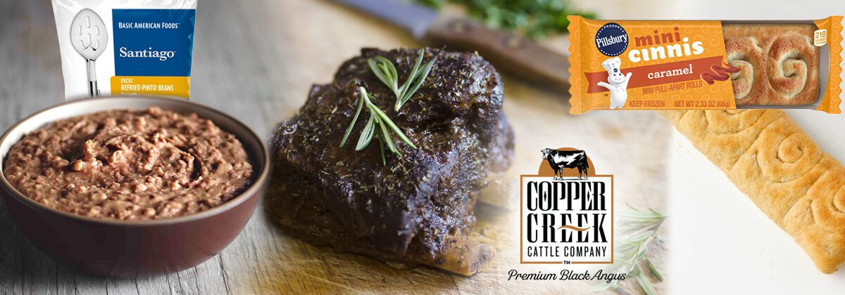 bowl of refried beans, cooked beef short rib on wood cutting board with copper creek logo, packaged Pillsbury Mini Cinnis next to opened mini cinnis