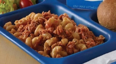 pasta with sauce on school tray